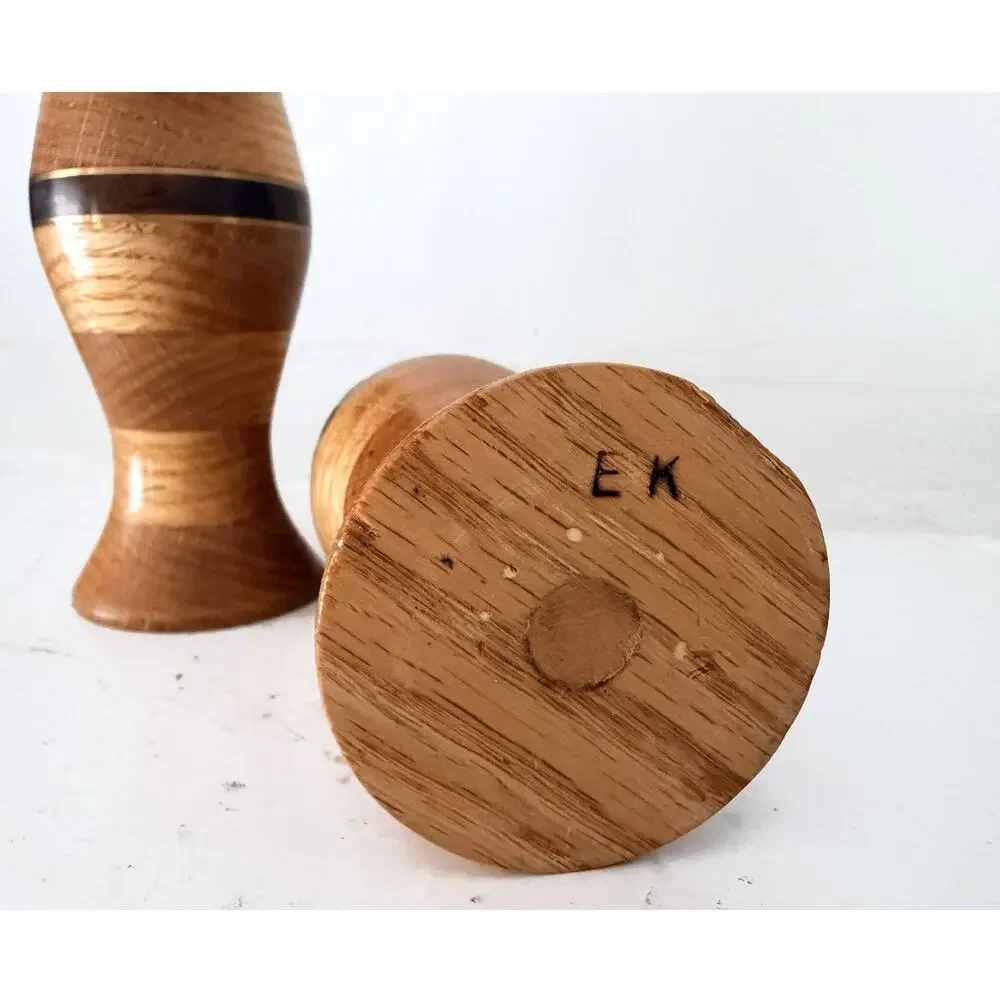Turned Wood Brass Inlaid Vase Pair Segmented Bud Vases Signed Set 2